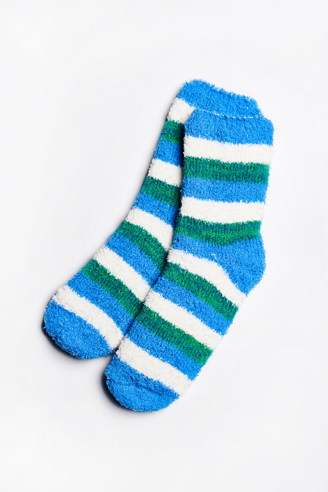 Frankie Fuzzy Striped Socks in Blue-White-Green - ALAMAE