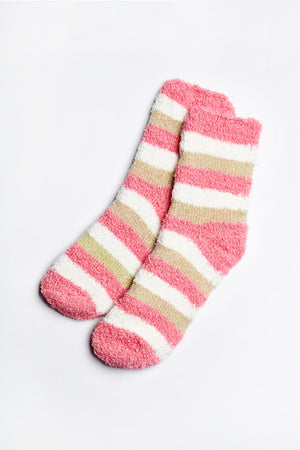 
                
                    Load image into Gallery viewer, Frankie Fuzzy Striped Socks in Pink-White-Peach - ALAMAE
                
            