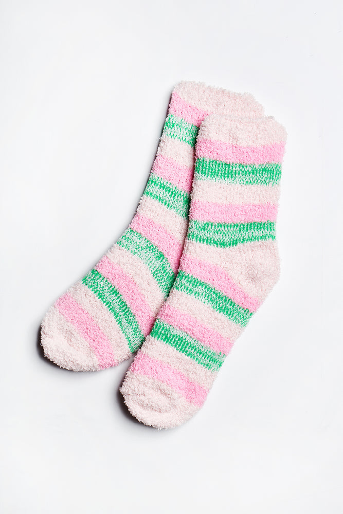 
                
                    Load image into Gallery viewer, Frankie Fuzzy Striped Socks in Pink-Rose-Green - ALAMAE
                
            