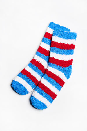 
                
                    Load image into Gallery viewer, Frankie Fuzzy Striped Socks in Aqua-White-Red - ALAMAE
                
            