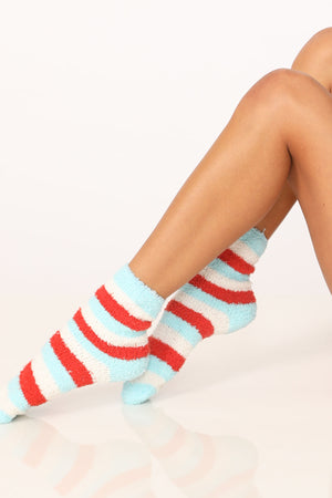 Frankie Fuzzy Striped Socks in Aqua-White-Red - ALAMAE